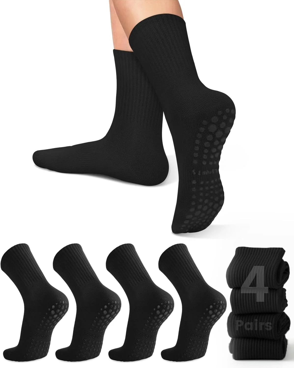 Pilates & Yoga Unleashed Studio Tuckahoe - 女性用ヨガソックス4足、ソリッドカラーのミッドソール滑り止めグリップ付きヨガピラティスバレエソックス