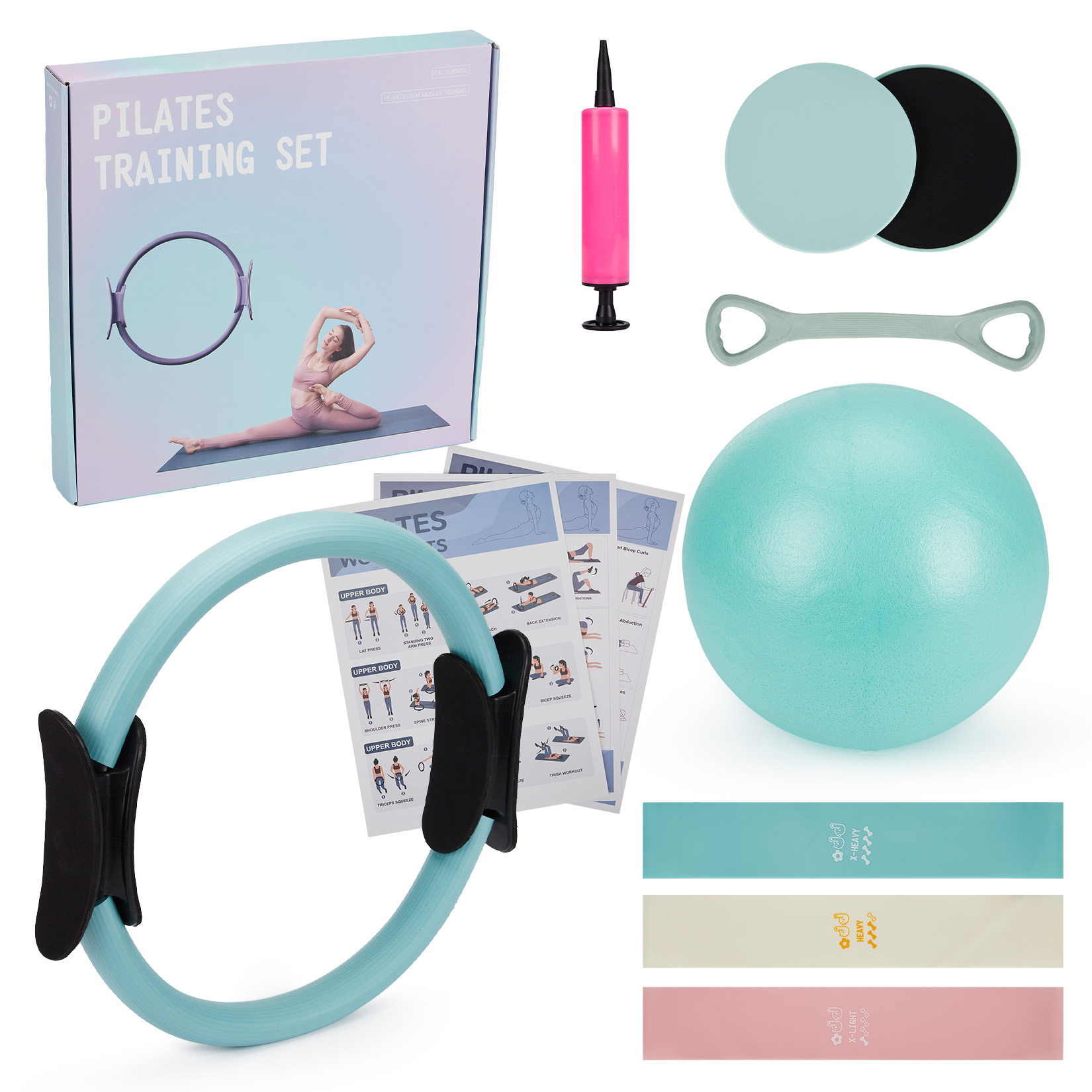Pilates Yoga Ring Exercises - ピラティス トレーニングセット、6-in-1 ピラティスリング、エクササイズボール、レジスタンスバンド、コアスライダー、トーニングバー、ホームジムヨガフィットネス用ワークアウトガイド